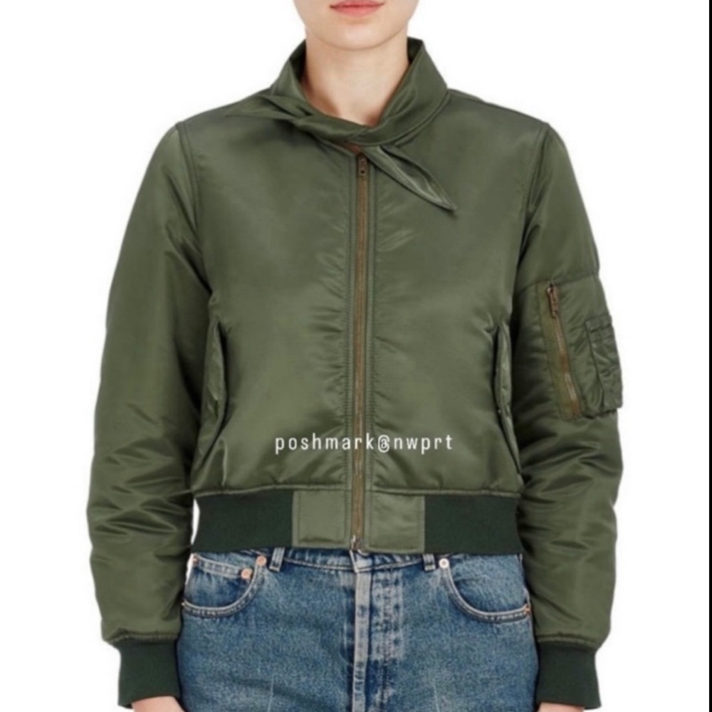 Balenciaga Flight Jacket Scarf Neck Tie Satin Bomber Olive Green 34 XS 0 2 - Picture 13 of 14